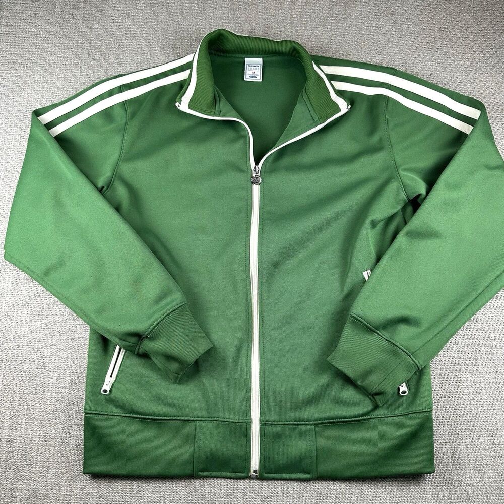 Vintage Y2K Old Navy Mens Track Jacket M Green White Stripe Full Zip Retro